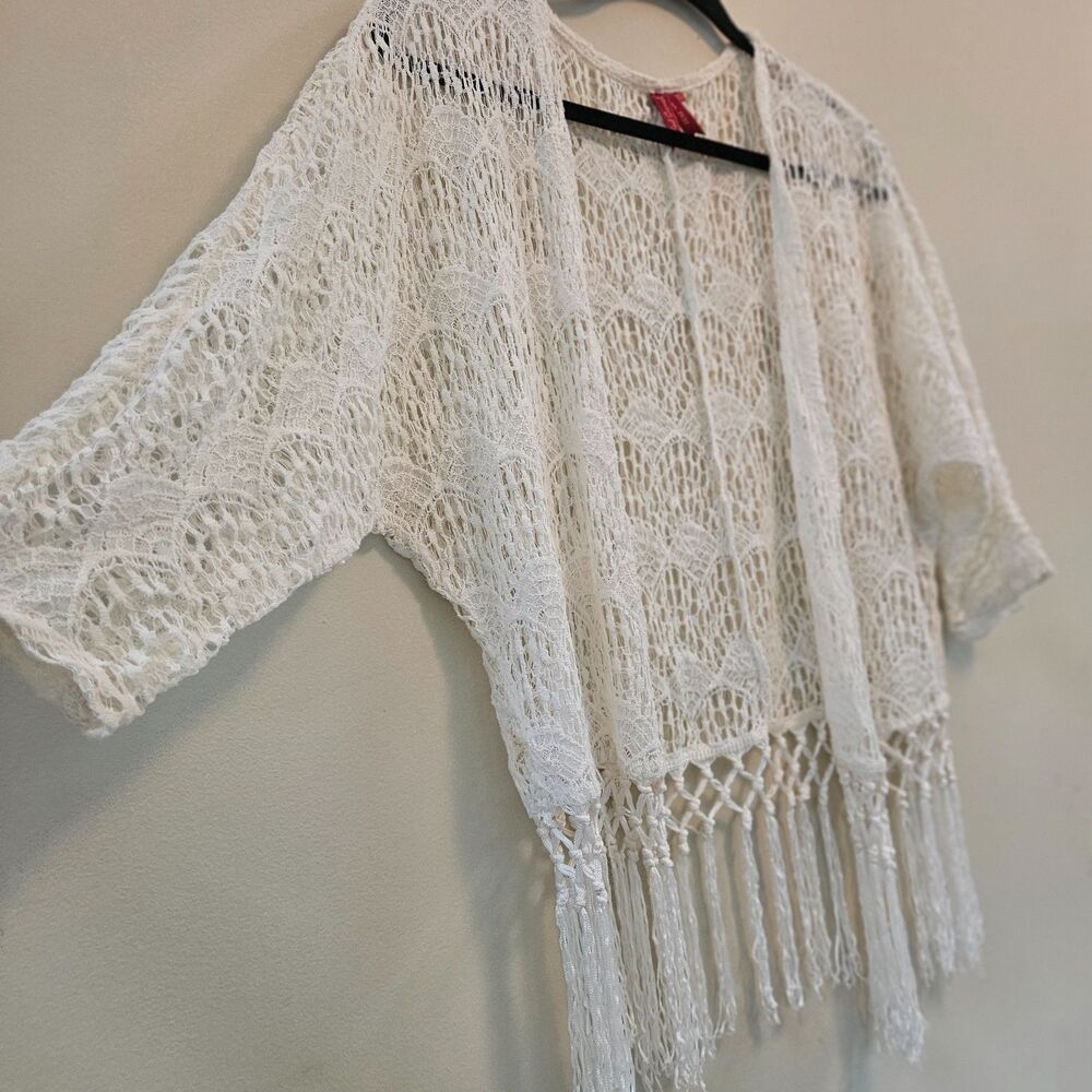 Red Camel Cream Crochet Open Front Top Sz S Fringe Boho Festival Layer Hippie - Picture 3 of 9